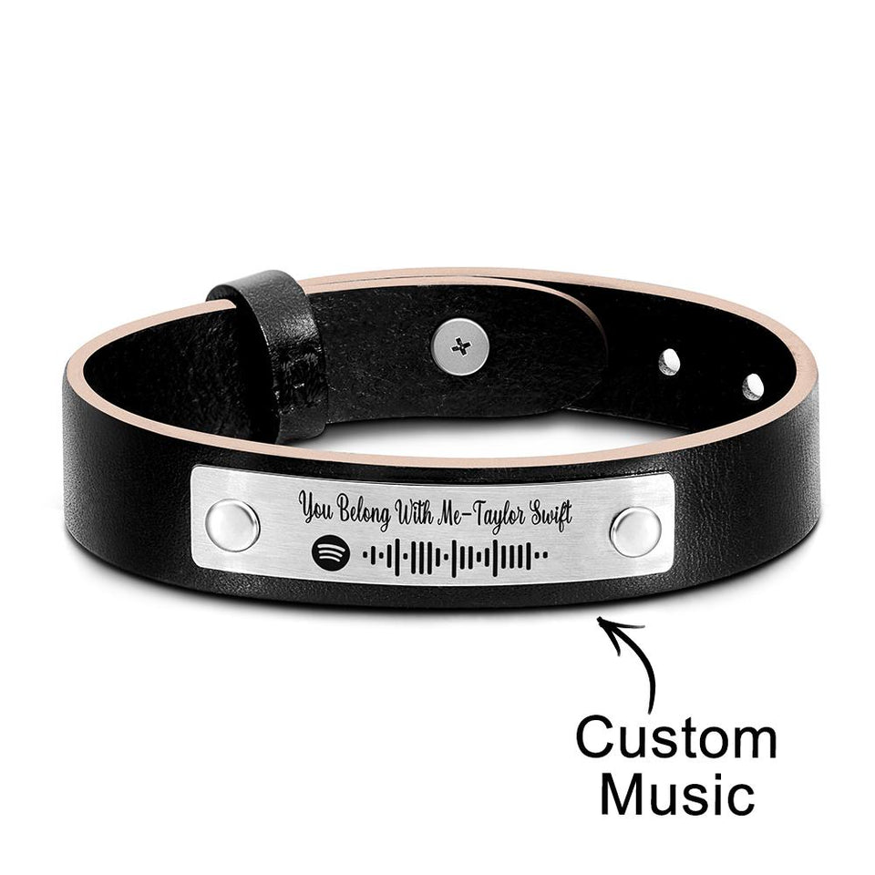 Scannable Spotify Code For Couple - Personalized Soundwaves Leather Bracelet