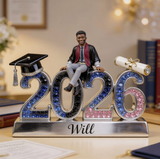 Personalized Class of 2026 Graduation Figurine Statue - Custom Black Male Graduate Nameplate Keepsake - Luxury Rhinestone Desk Ornament Gift