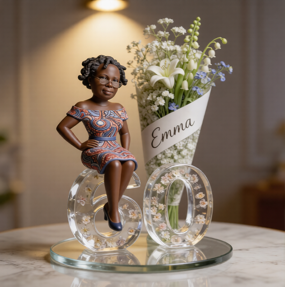 Custom Older Black Female Birthday Desk Sign Personalized African American Mature Woman Figurine Luxury Acrylic Floral Number Portrait Statue Gift