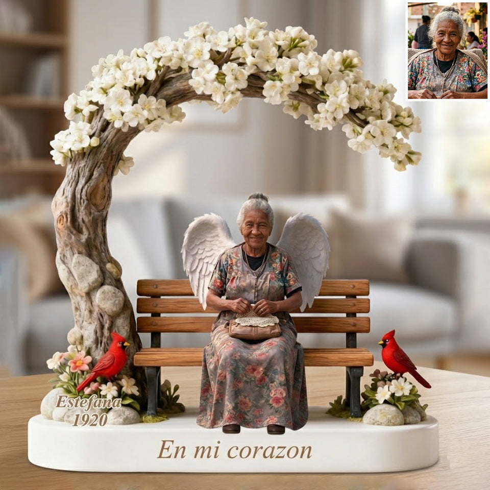 Custom Memorial Latin Grandma Bench Figurine - Personalized Funeral Remembrance Diorama Statue, Sympathy Loss of Grandma Wife Angel Family Keepsake