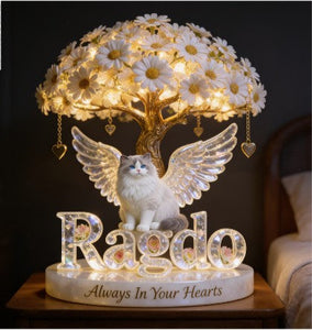 Custom Always In Our Hearts Angel Wings Figurine, Personalized Ragdoll Cat Memorial Tree Lamp Statue, Pet Loss Sympathy Night Light