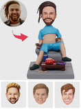 Man Sitting In A Chair Eating Fast Food - Personalized Man Eating Fast Food Bobblehead
