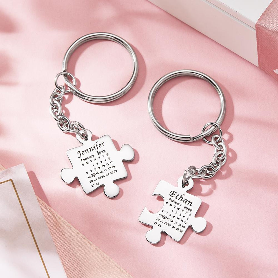 Matching Puzzle Calendar For Couple, Besties, Mom, Dad, Children - Personalized Couple Puzzle Calendar Keychain