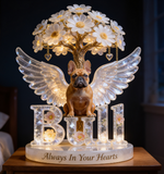 Custom Always In Our Hearts Angel Wings Figurine, Personalized French Bulldog Memorial Tree Lamp Statue, Dog Loss Sympathy Night Light