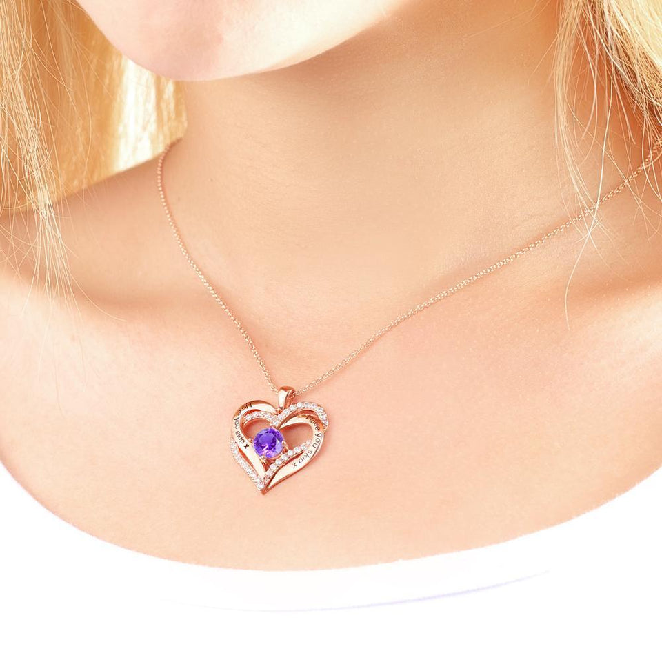 Double Heart - Personalized Couple Diamond Heart Pendant Necklace With Birthstone