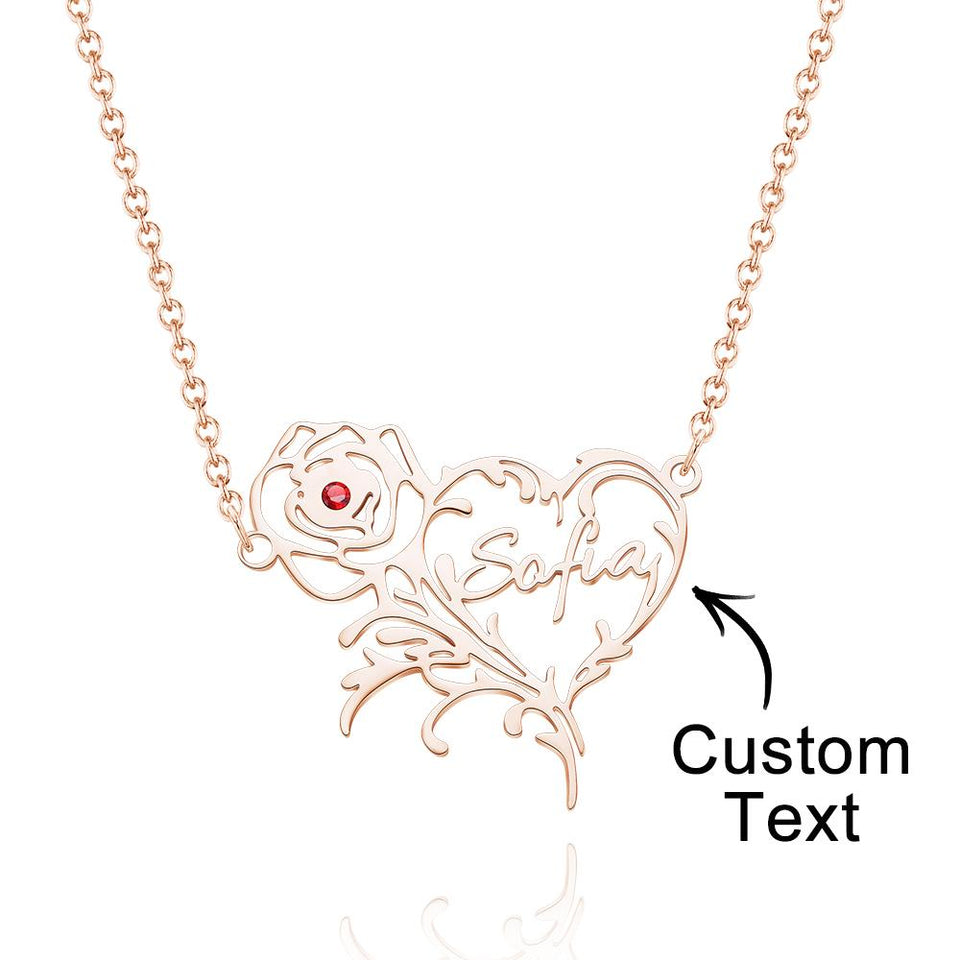 Name Rose - Personalized Rose Heart Birthstone Necklace