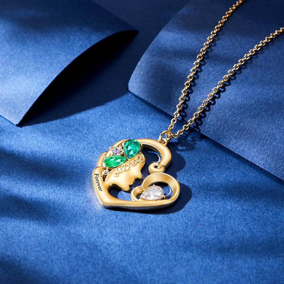Birthstone Engraved Heart Charm - Personalized Mother Birthstone Women Necklace