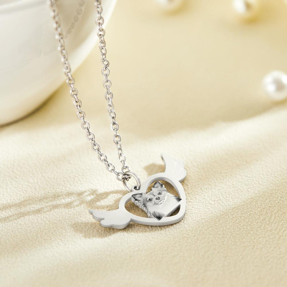 Personalized Angel Heart Shaped Wings Photo Engraved Charm