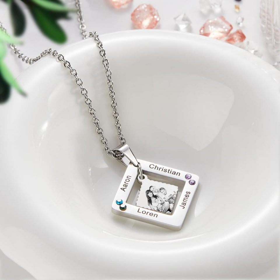 Any Phtos - Personalized Photo Engraved Necklace Square Multi-name