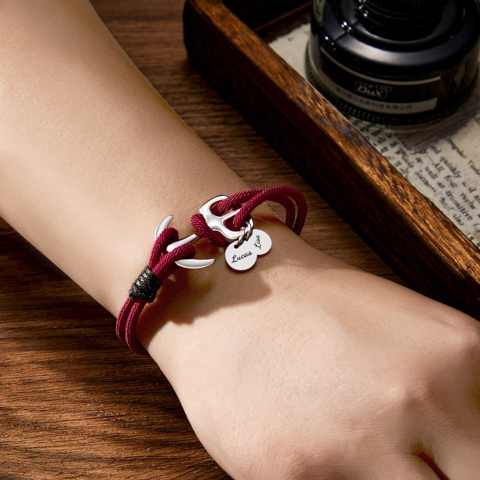 I Love You - Personalized Couple Engraved Bracelet Marine Anchor Cord Bracelet