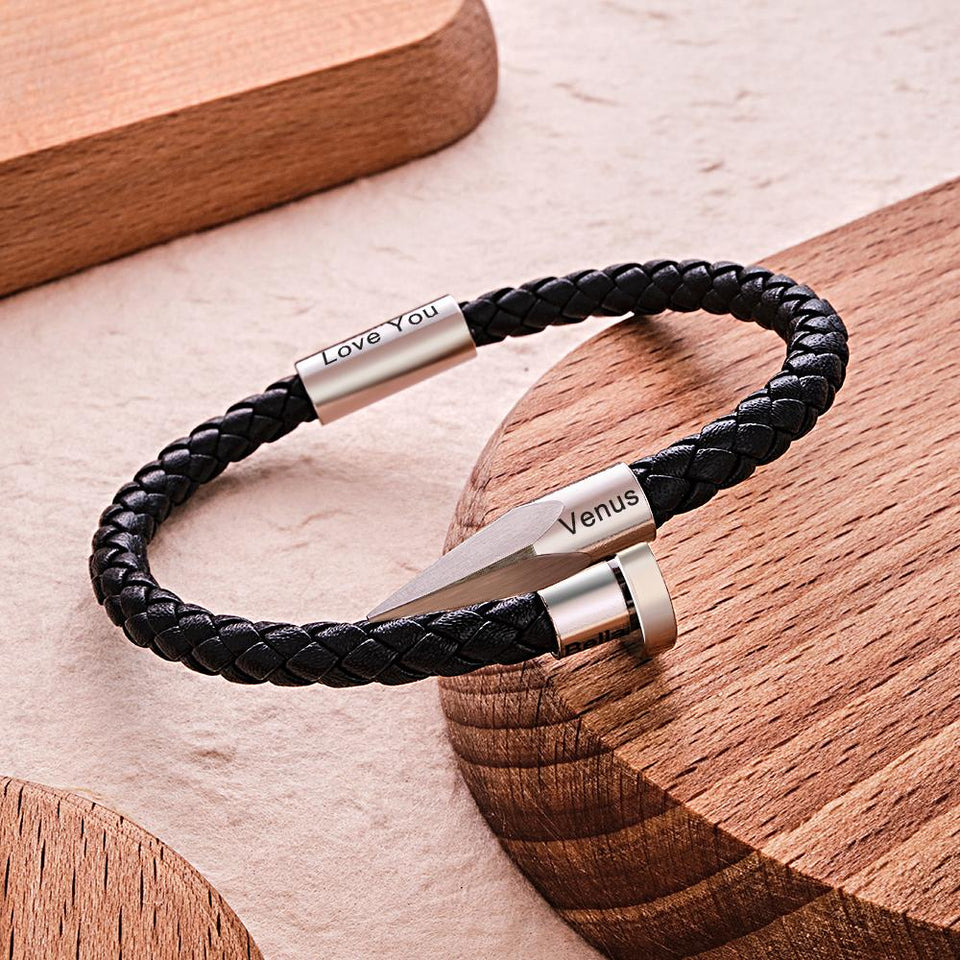 Any Name - Personalized Couple Engraved Leather Nail Bracelet