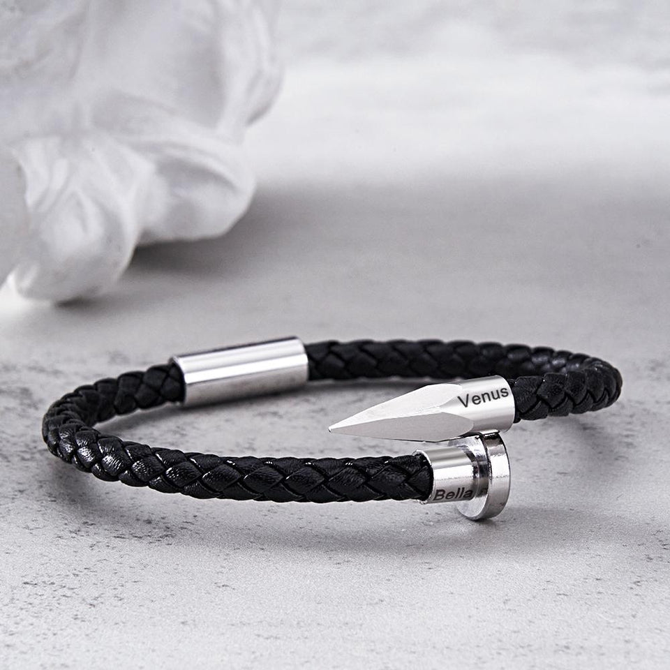 Any Name - Personalized Couple Engraved Leather Nail Bracelet