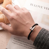 Any Name - Personalized Couple Engraved Leather Nail Bracelet