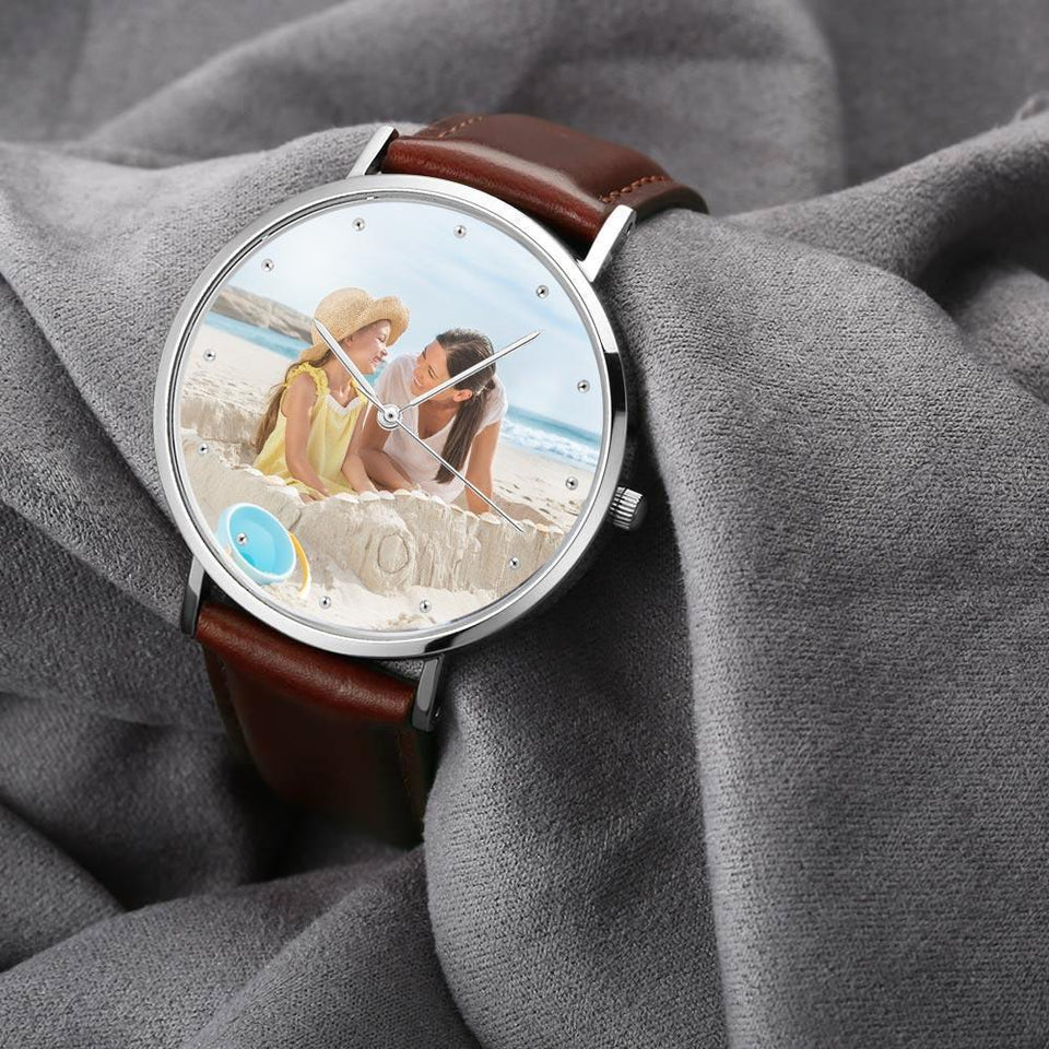 Unisex Engraved Photo Watch Brown Leather Strap - Personalized Watch