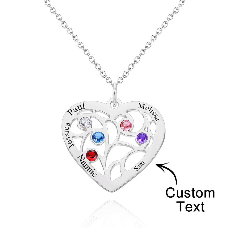 Our Family - Personalized Family Name Heart Pendant Necklace with Birthstone