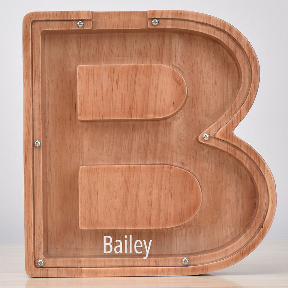 Custom Initial And Name - Personalized Letter And Name Oak Wooden Piggy Bank