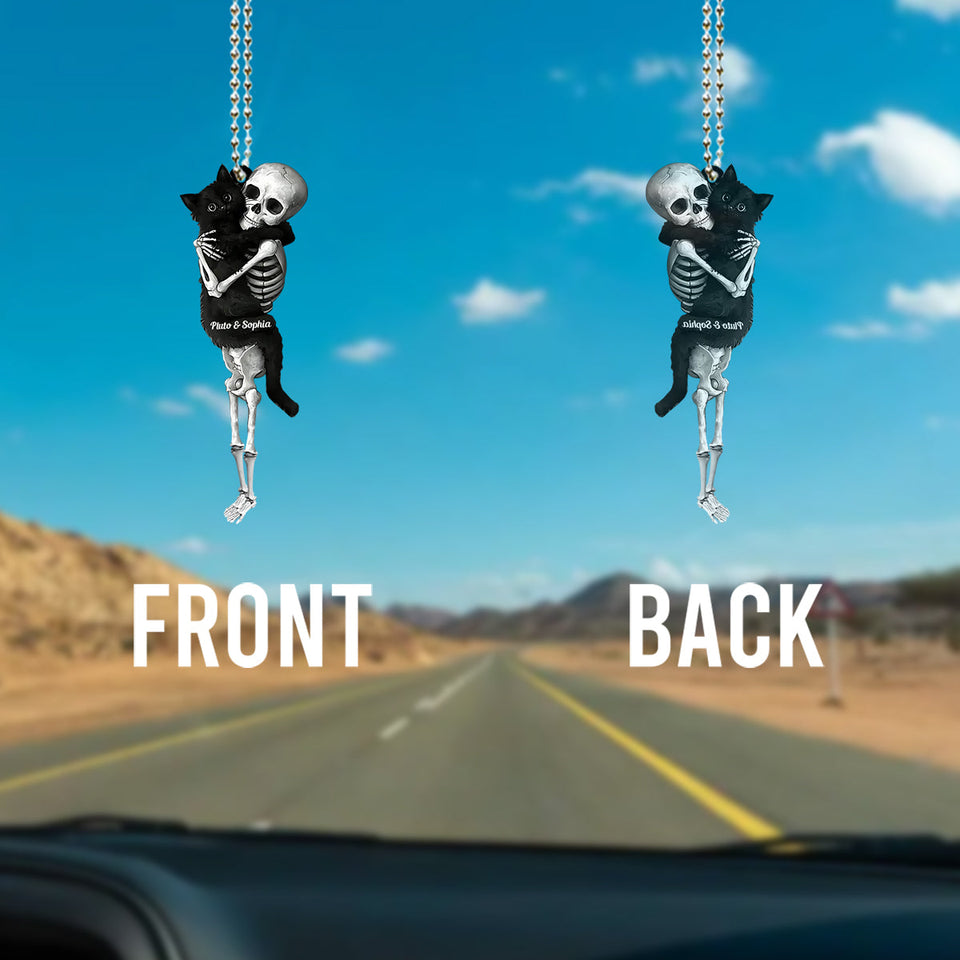 Funny Skeleton & Cat - Personalized Black Cat Custom Shaped Car Ornament