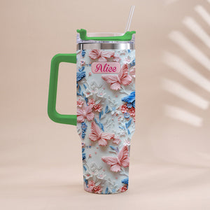 Pink And Blue Butterflies - Personalized Butterfly Tumbler With Handle