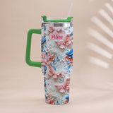 Pink And Blue Butterflies - Personalized Butterfly Tumbler With Handle