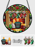 Happy Family Sitting By The Fireplace - Personalized Family Stained Glass Suncatcher
