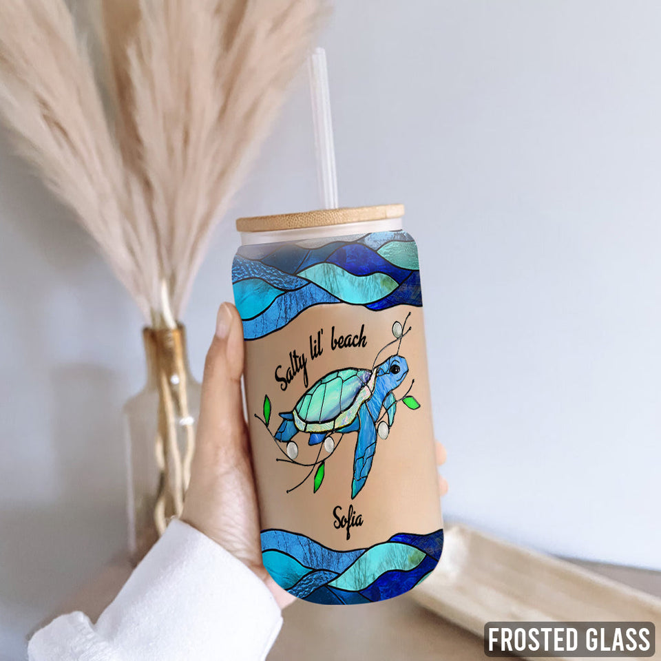 Salty Lil' Beach Blue Ocean Summer Vibes - Personalized Turtle Can Glass