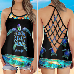 Salty Lil Beach Colorful Stained Glass Pattern - Personalized Turtle Cross Tank Top