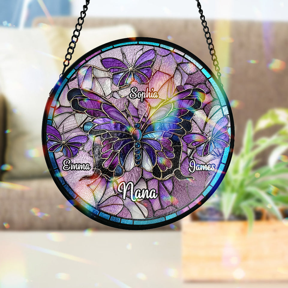 Nana Beautiful Butterfly Any Title - Personalized Grandma Stained Glass Suncatcher