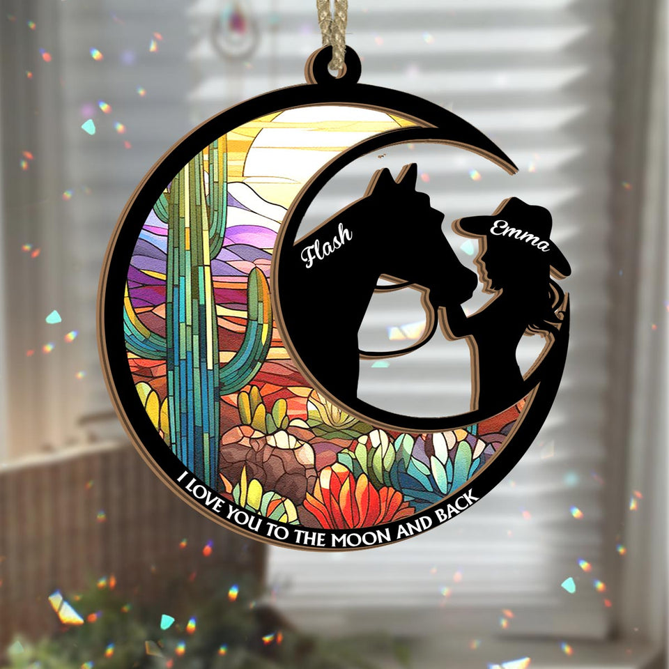 I Love You To The Moon Horse Girl Stained Glass - Personalized Horse 2 Layered Window Hanging Suncatcher