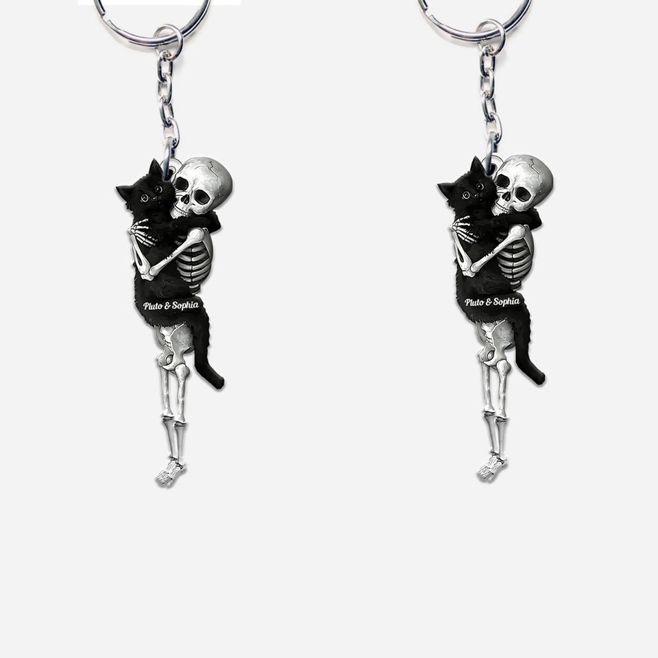 Funny Skeleton & Cat - Personalized Black Cat Custom Shaped Keychain