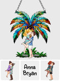 Romantic Couple Under The Palm Tree - Personalized Couple Window Hanging Suncatcher Ornament