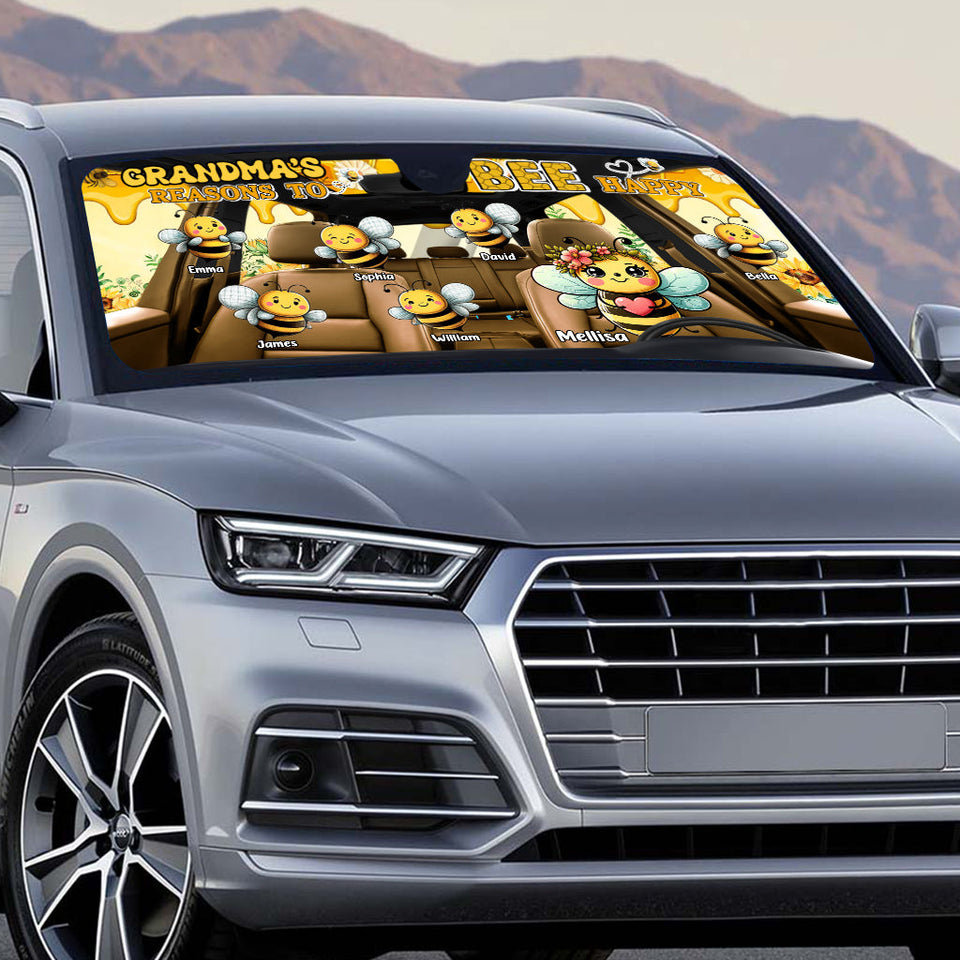 Grandma's Reasons To Bee Happy - Personalized Grandma Car Sunshade