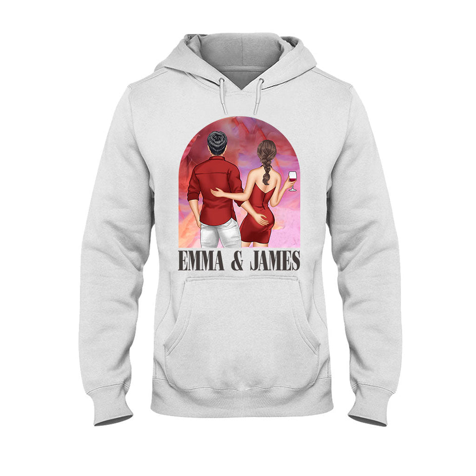 Pink Movie Background Couple - Personalized Couple T-shirt And Hoodie