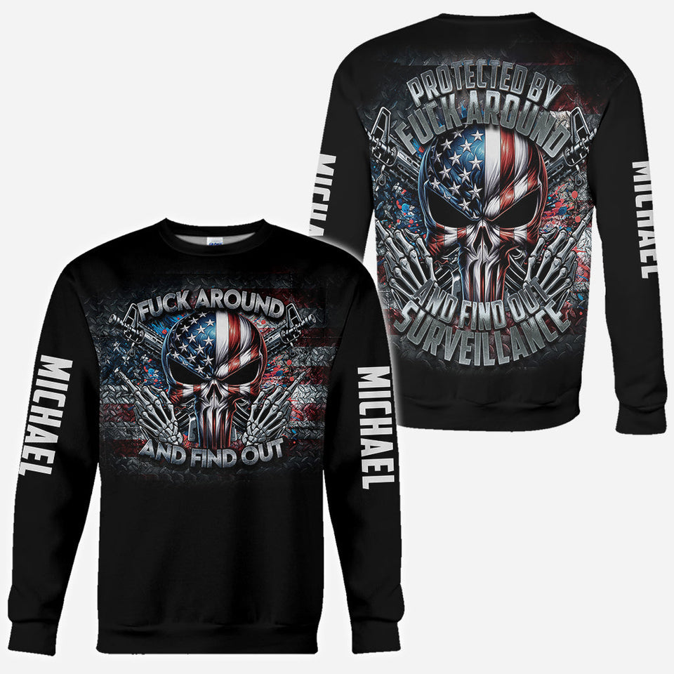 Protected by Fck Around and Find out Surveillance - Personalized Skull All Over Shirt