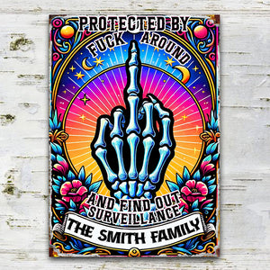 Protected by Fck Around and Find out Surveillance - Personalized Skull Rectangle Metal Sign