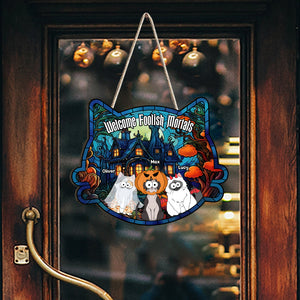 Welcome Foolish Mortals - Personalized Cat Custom Shaped Wood Sign