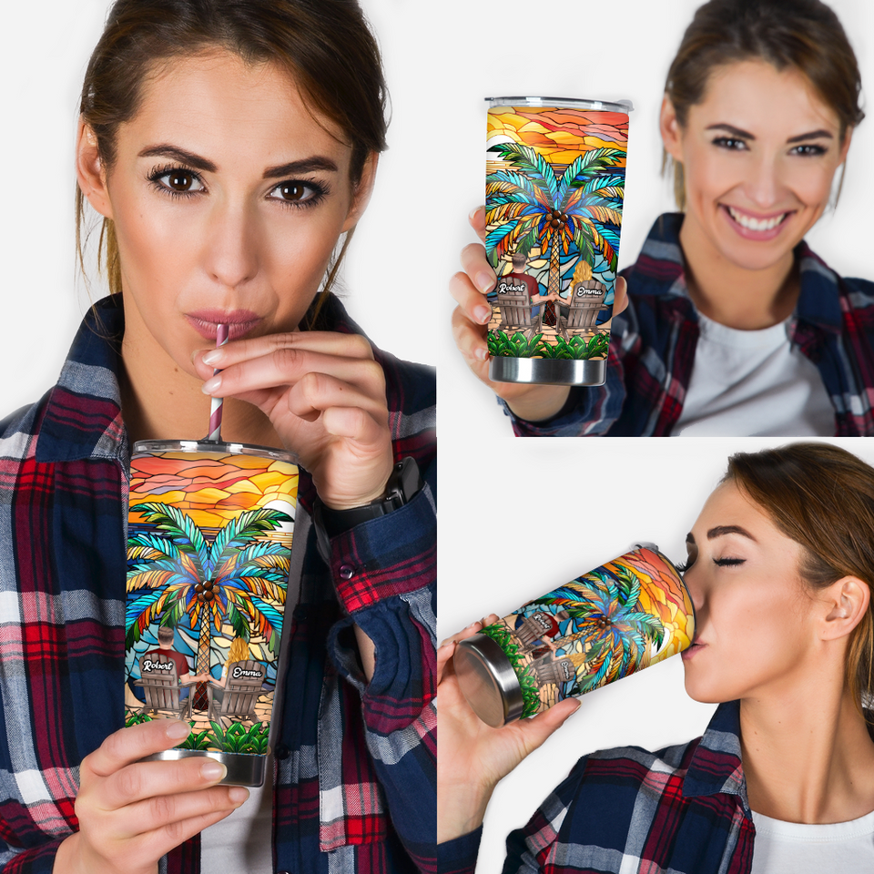 Under The Palm Tree Happy Couple - Personalized Couple Tumbler