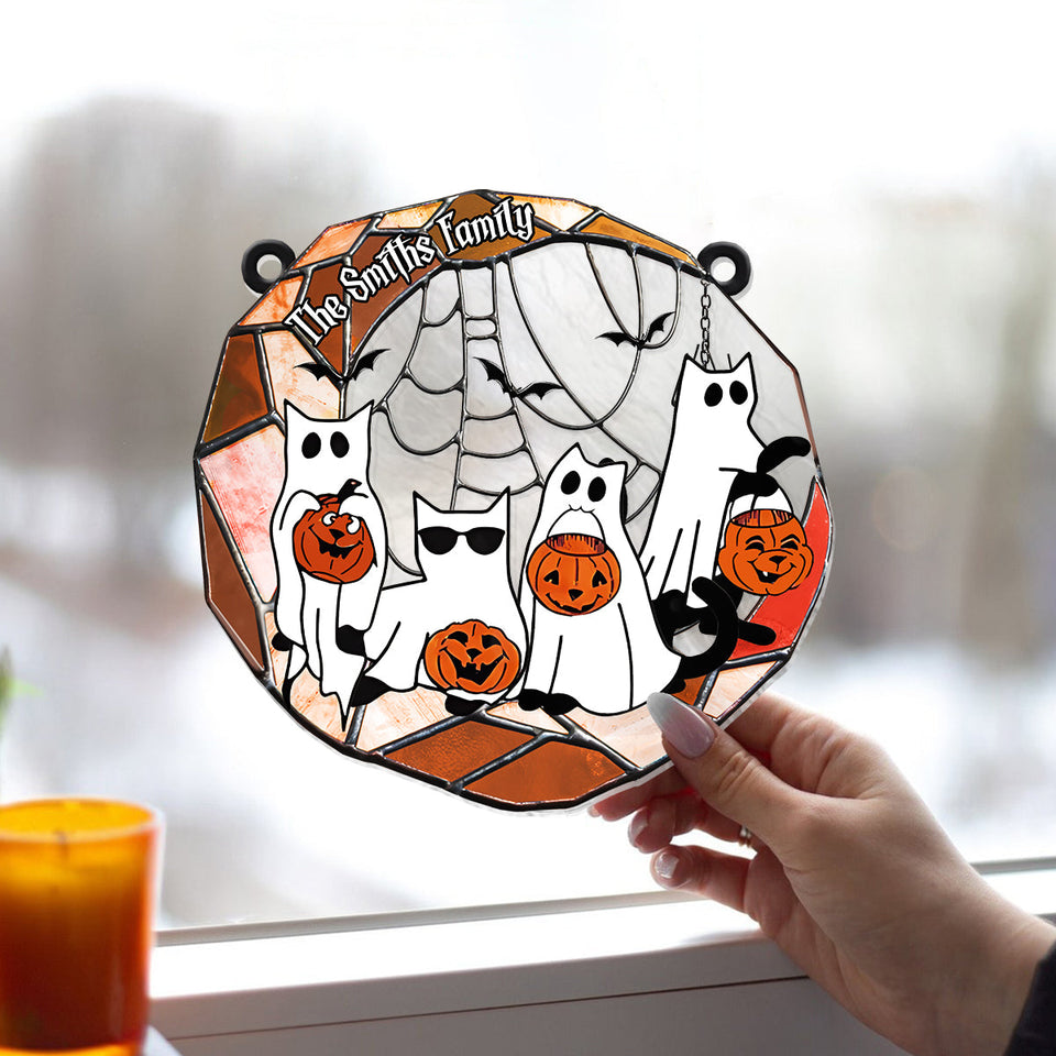 Black Cat Halloween 2024 - Personalized Black Cat Window Hanging Suncatcher Ornament
