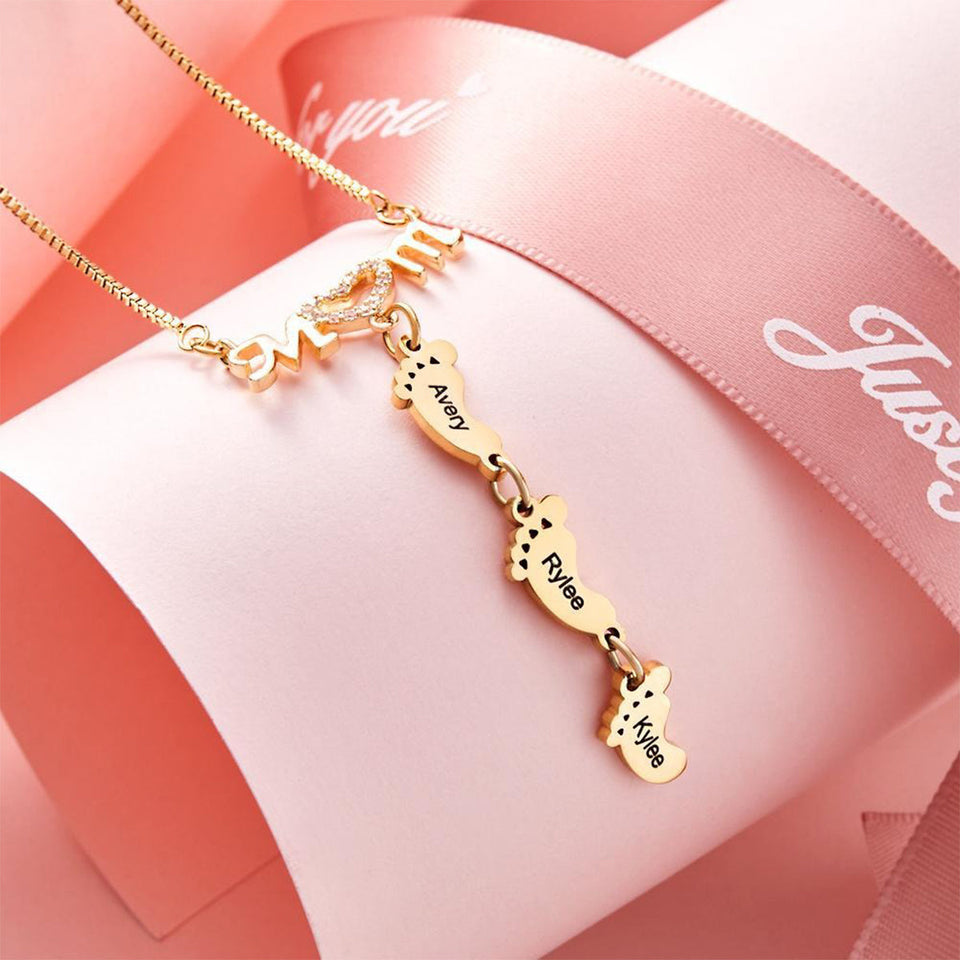 Custom Name Baby Feet - Personalized Mother Engraved Baby Feet Mom Necklace