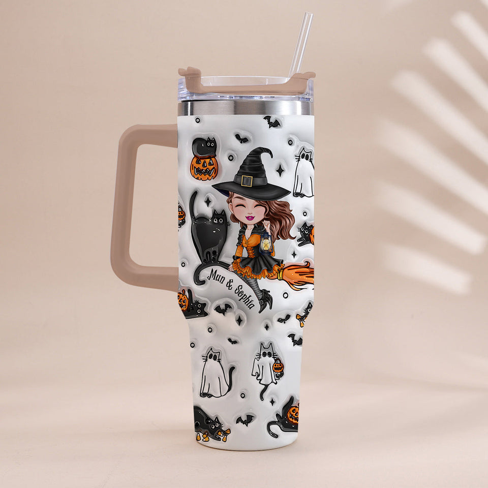 Cute Witch Halloween Ghost Boo Cat - Personalized Witch Tumbler With Handle