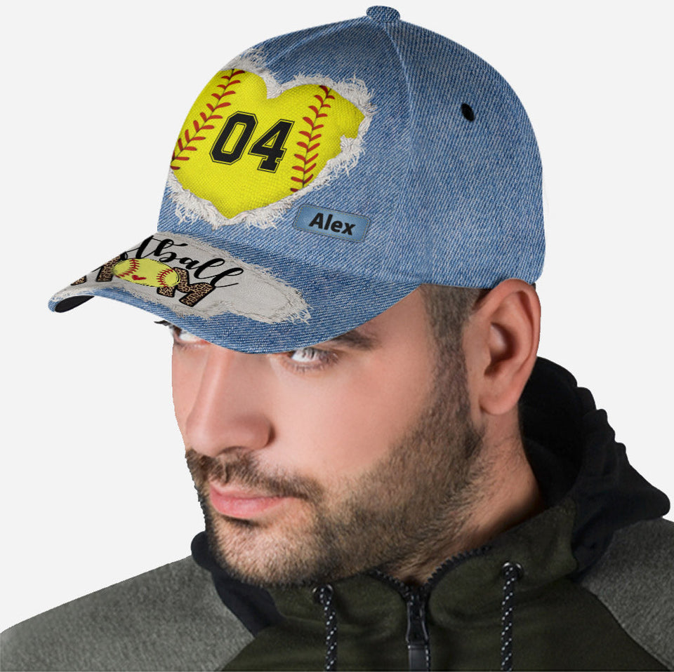 Softball Mom Number Custom Denim Pattern - Personalized Softball Classic Cap