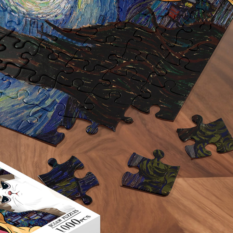 Van Gogh Starry Night Cat - Personalized Cat Jigsaw Puzzle