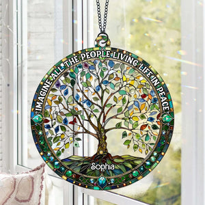 Imagine All The People Living Life In Peace - Personalized Hippie Window Hanging Suncatcher Ornament