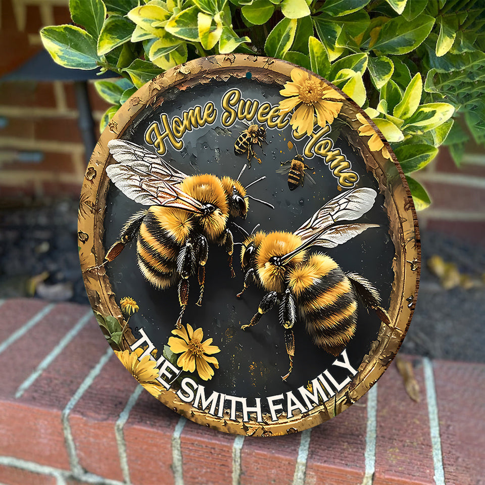 Home Sweet Home - Personalized Bee Round Wood Sign