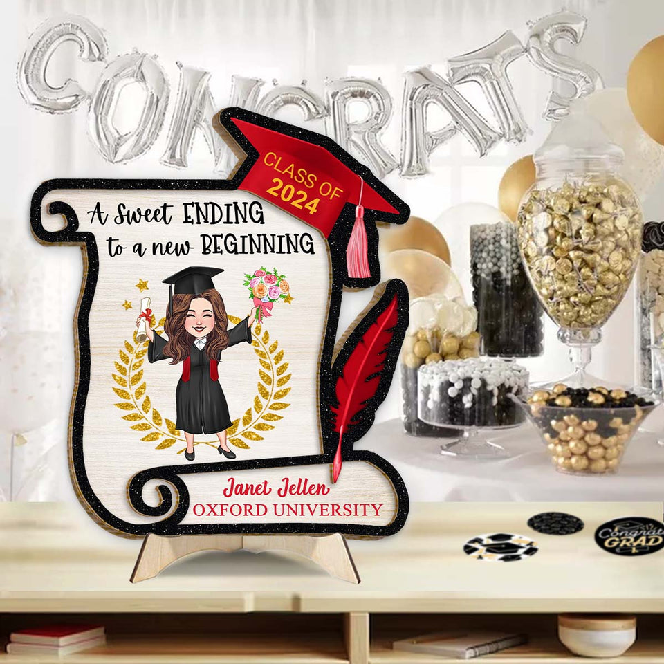 A Sweet Ending To A New Begining - Personalized Graduation 2 Layered Wood Sign / Wood Plaque