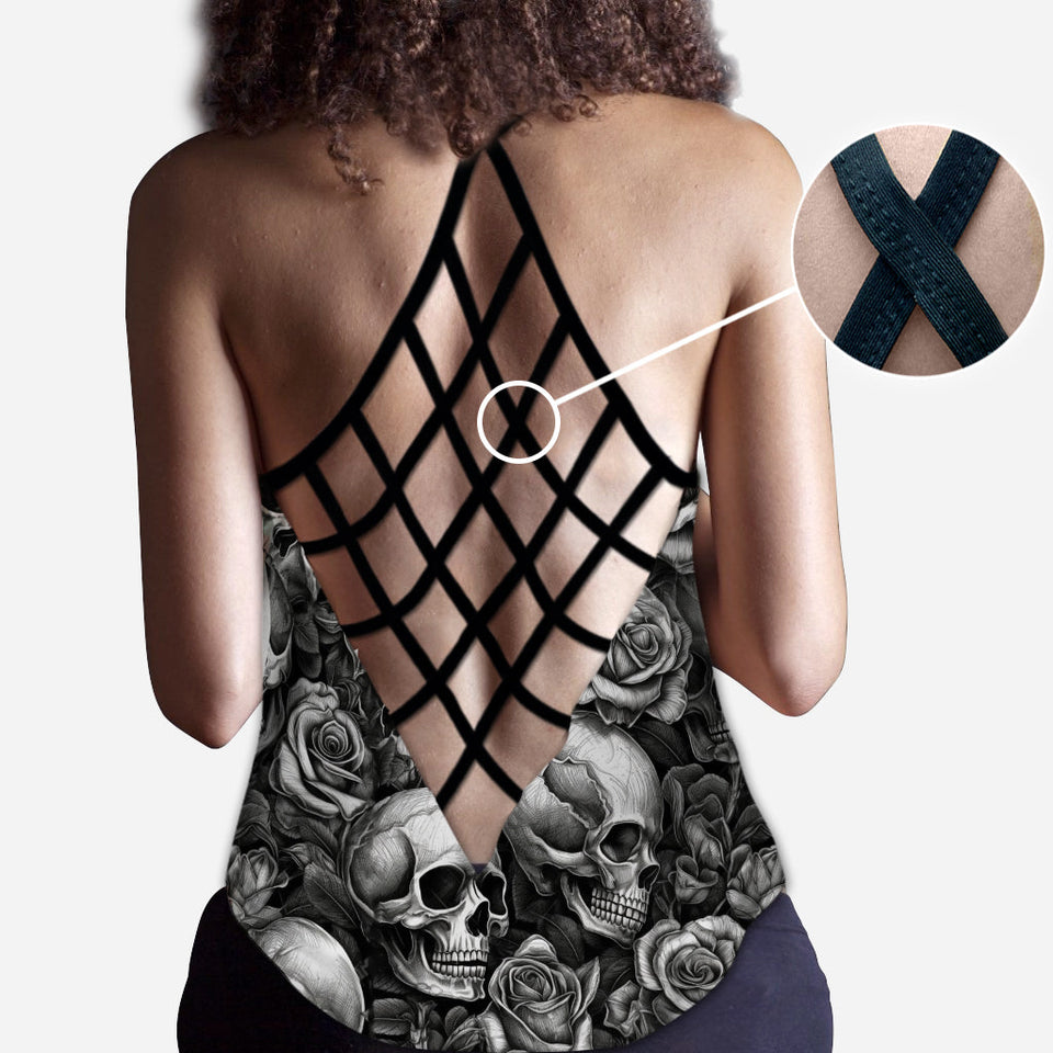 Skull Roses Black And White - Personalized Skull Cross Tank Top