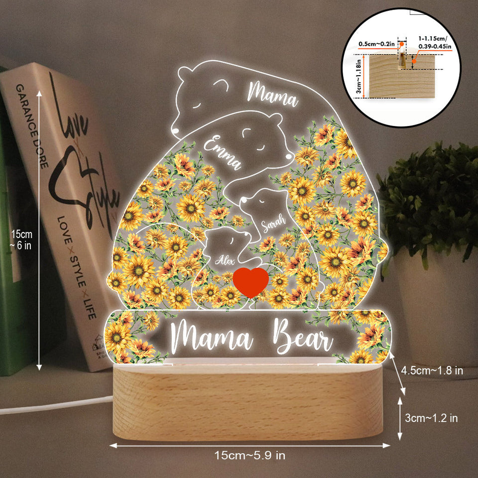 Mama Bear Sunflower - Personalized Mother Shaped Plaque Light Base