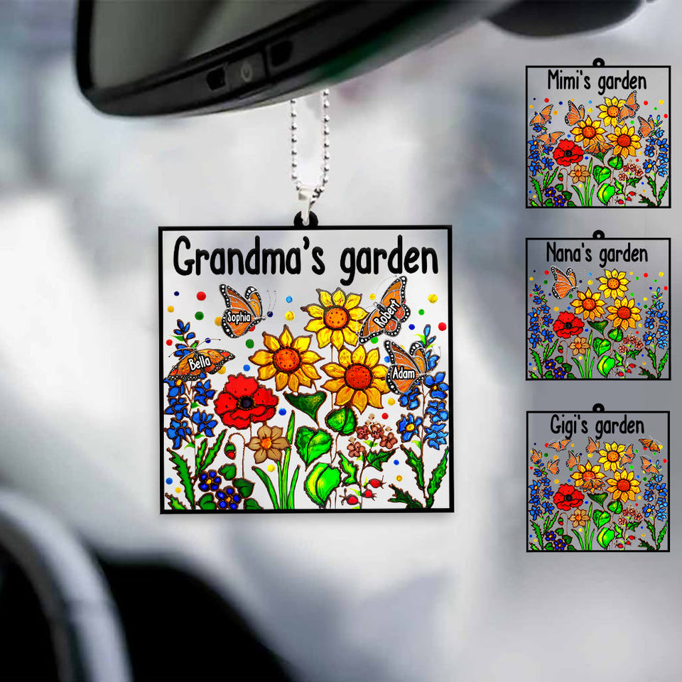 Grandma's Garden With Butterfly - Personalized Grandma Transparent Car Ornament