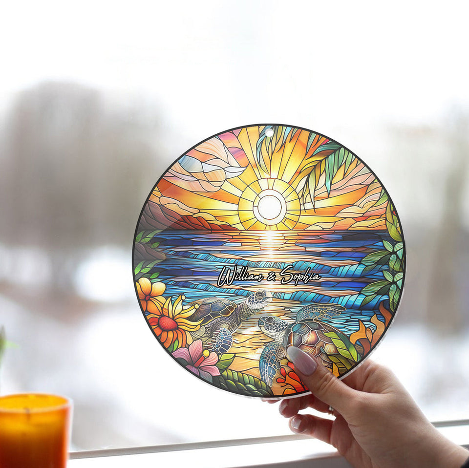 Romantic Sunset - Personalized Turtle Window Hanging Suncatcher Ornament