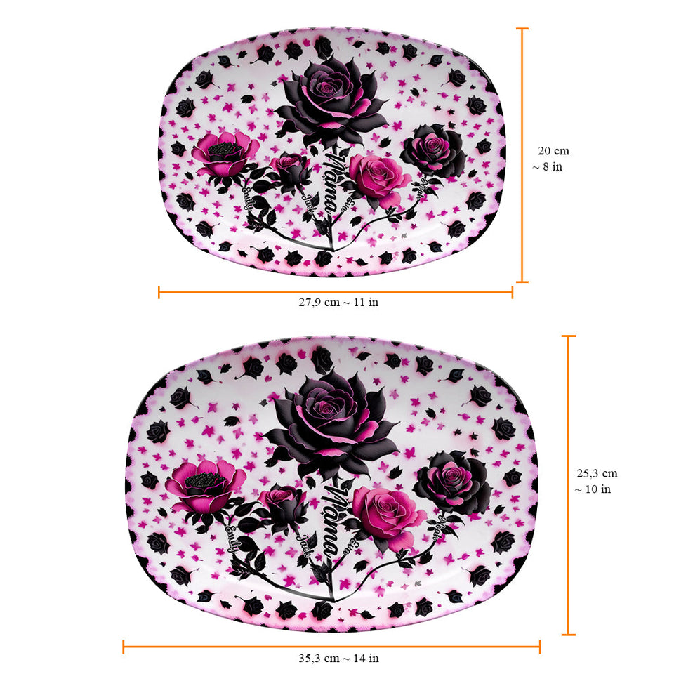 Mother Grandma And Children Black And Pink Roses - Personalized Grandma Plate