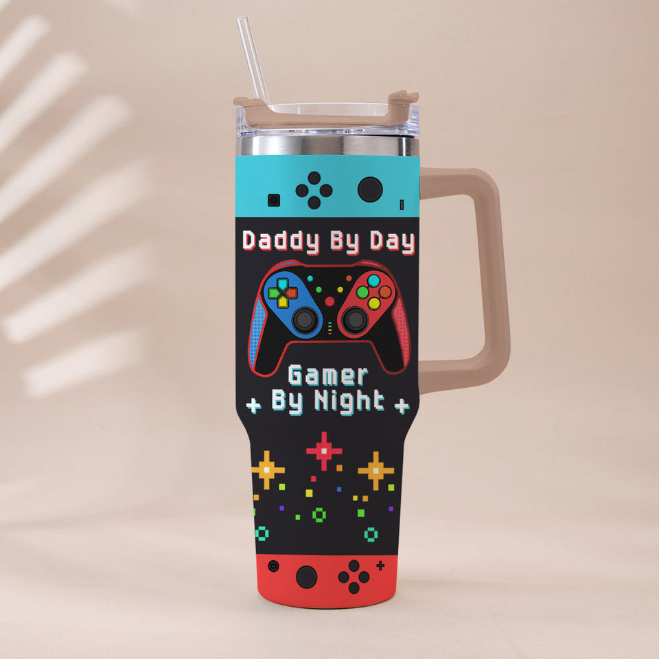 Daddy By Day Gamer By Night - Personalized Father Tumbler With Handle